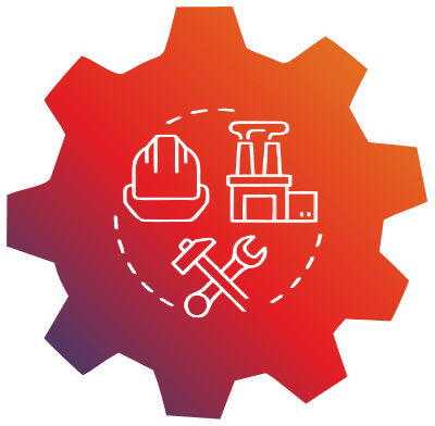 A construction and tools icon featuring a gradient-filled gear shape