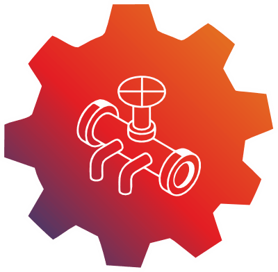 A vector illustration of a red and orange gear framing a white outline of an industrial valve system