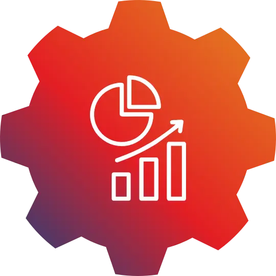 Flaticon marketing icon featuring a red and orange gradient gear shape with a white chart icon inside
