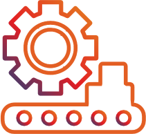 A linear color gradient mechanical gear icon featuring a conveyor belt element